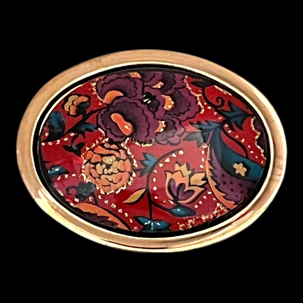 Vintage 1970s Scarf Clip Gold Tone Multicolor Floral Glitter Design - 13C